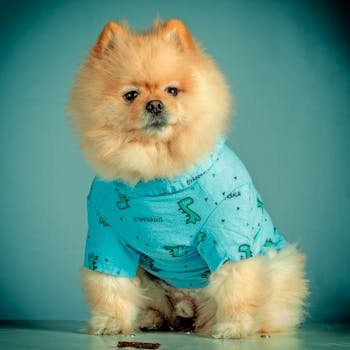 Cute Pomeranian dog wearing a blue dinosaur shirt in a studio with a blue background.