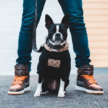Stylish bulldog sitting between legs clad in trendy sneakers, showcasing fashion-forward pet attire.